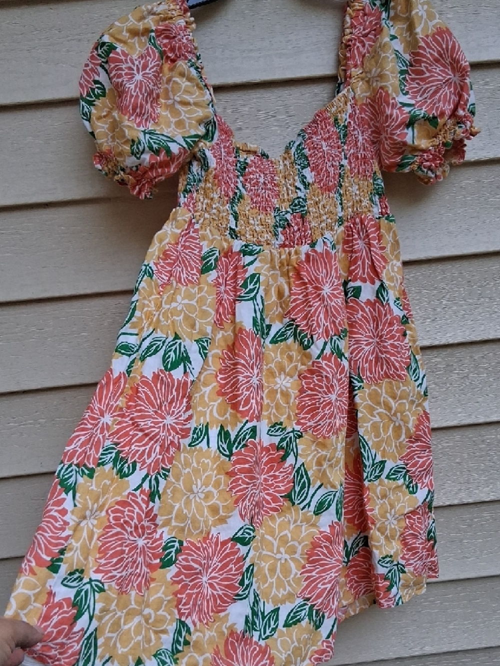 Smocked Puff-Sleeve Mini Dress - Yellow & Coral Floral 100% Linen Sz ( M ) - Picture 2 of 10